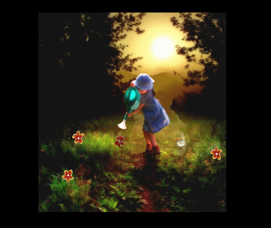 Девочка с лейкой поливает цветы